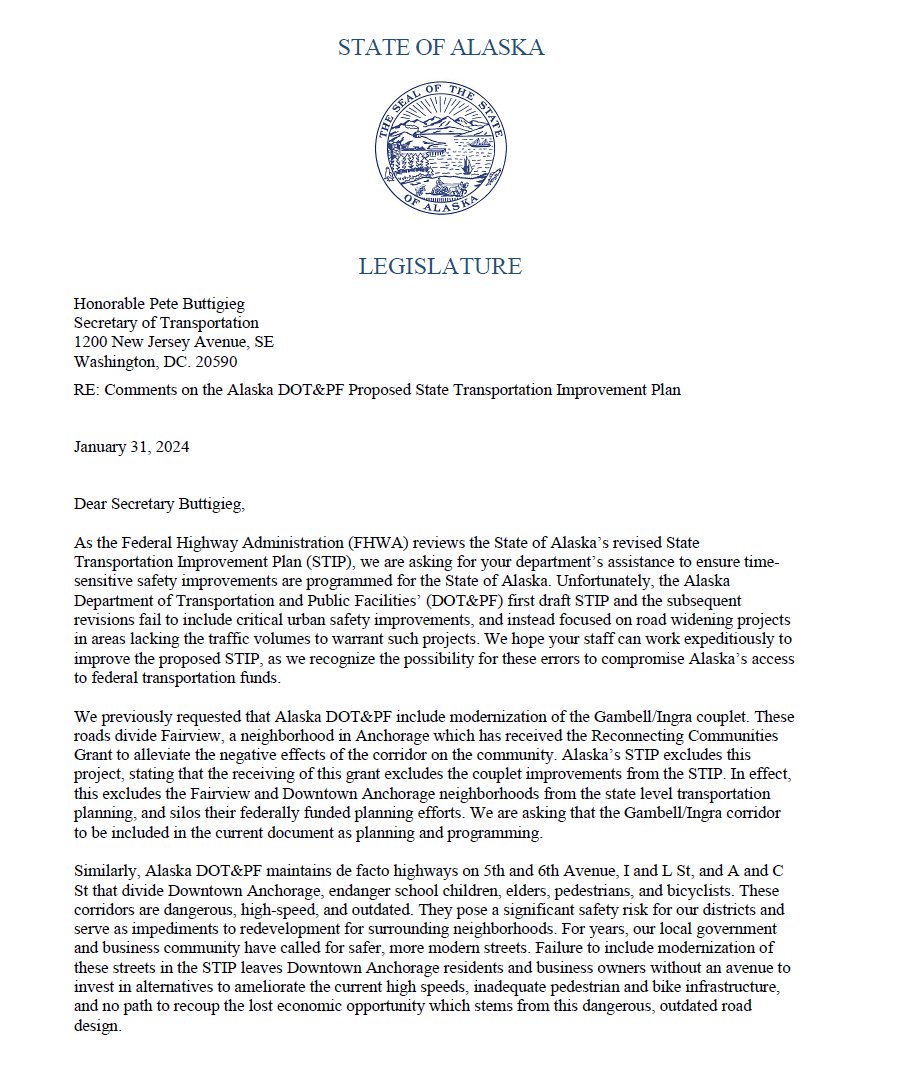 rep_mina's tweet image. This week, I joined eight other Anchorage legislators in a letter to Sec. Buttigieg requesting that the FHWA consider additional urban safety improvements that AK DOT&amp;amp;PF excluded from their proposed STIP. [1/2] #akleg