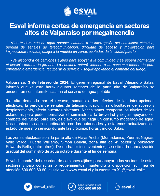 Monad_Event's tweet photo. #EsvalInforma Producto de la fuerte demanda de agua potable en la emergencia, interrupción del servicio eléctrico y dificultades en desplazamiento para el monitoreo de recintos, debemos realizar un corte de suministro en algunas zonas altas de Valparaíso. Más detalles ⬇️ https://t.co/yUmxlnHSnt