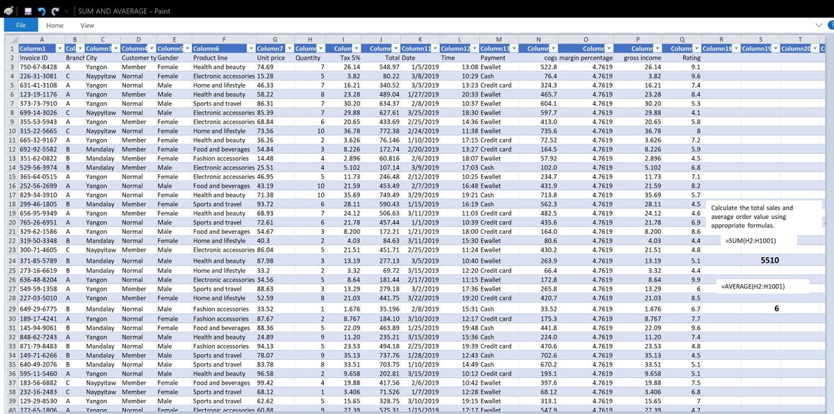 RICHAKIN2000's tweet image. Day 3:
Challenge:   Calculate the total sales and average order value using appropriate formulas.
Attached is the formula to calculate the total sales and average
=Sum (H2:H1001) ENTER

= Average (H2:H1001) ENTER
#DataAnalyticsWithLabanoAcademy, #LabanoDataAnalysis, #Easy_p5,