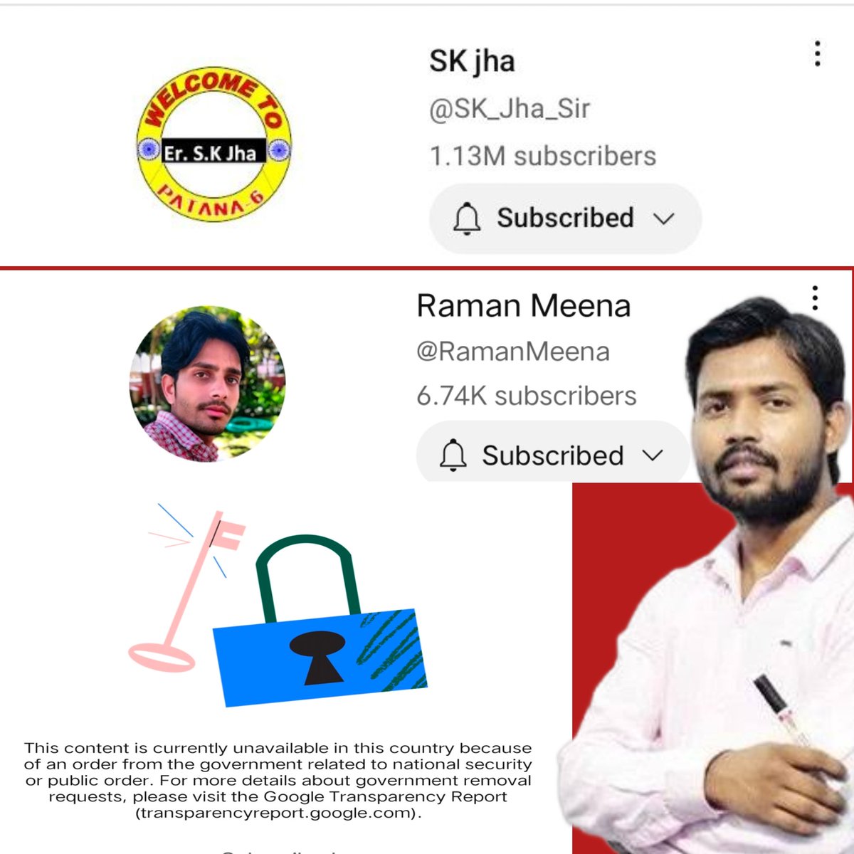 RamanMeenaVlogs's tweet photo. #BringBackSKJHA
#BringBackRamanMeena
S k jha sir/ Raman Meena का YouTube channel भारत में सरकारी आदेश द्वारा ब्लाॅक कर दिया गया है
@YouTubeIndia 
@GoogleIndia से आशा है कि एक शिक्षक की आवाज को दबाया नहीं जाएगा 🙏🙏
#BringBackSKJHA #SKJHASIR #RamanMeena @HansrajMeena @RailMinIndia https://t.co/xt0K06JUW2