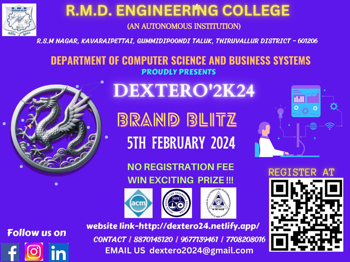 HodRmd's tweet photo. Dear Connections!
Happy to share our department second National Level Technical Symposium Dextero '24 on 5th February 2024.
#rmdec #csbs #technicalsymposium https://t.co/FJNLbFSPbB