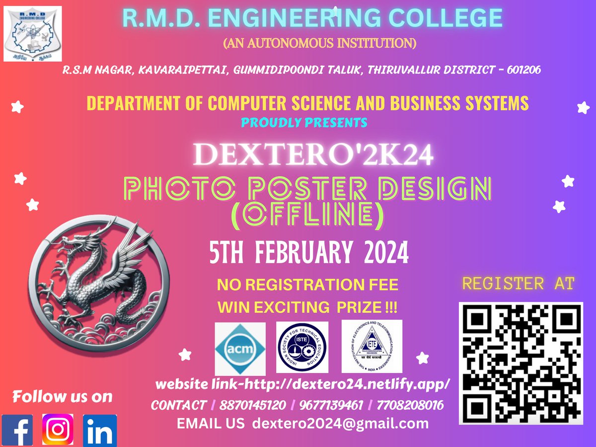 HodRmd's tweet photo. Dear Connections!
Happy to share our department second National Level Technical Symposium Dextero '24 on 5th February 2024.
#rmdec #csbs #technicalsymposium https://t.co/FJNLbFSPbB