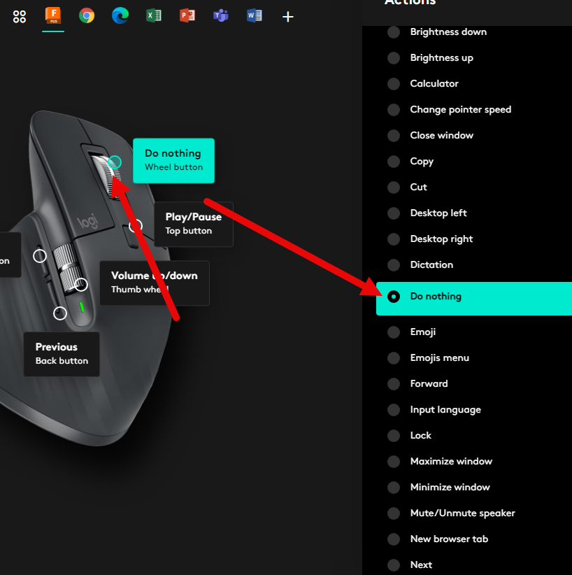 LonghornTaco's tweet image. ...because, who else would bury a "none" option on a button mapping in the middle of a list and call it "Do Nothing"? Instead, should it be at the top or bottom of the list?  Call it what you will, but it should be an outlying option that is obvious. @Logitech #logitechmouse