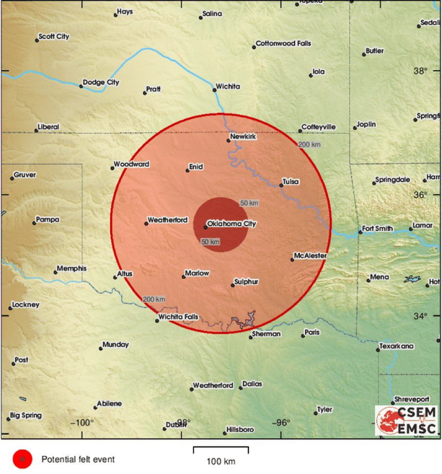 FirstWorldNewss's tweet photo. #BREAKING Magnitude 5.4 Earthquake has just struck Shawnee, Oklahoma. 
#Earthquake #Sismo #Oklahoma #Shawnee #OklahomaCity https://t.co/SZ7aCx4I5v