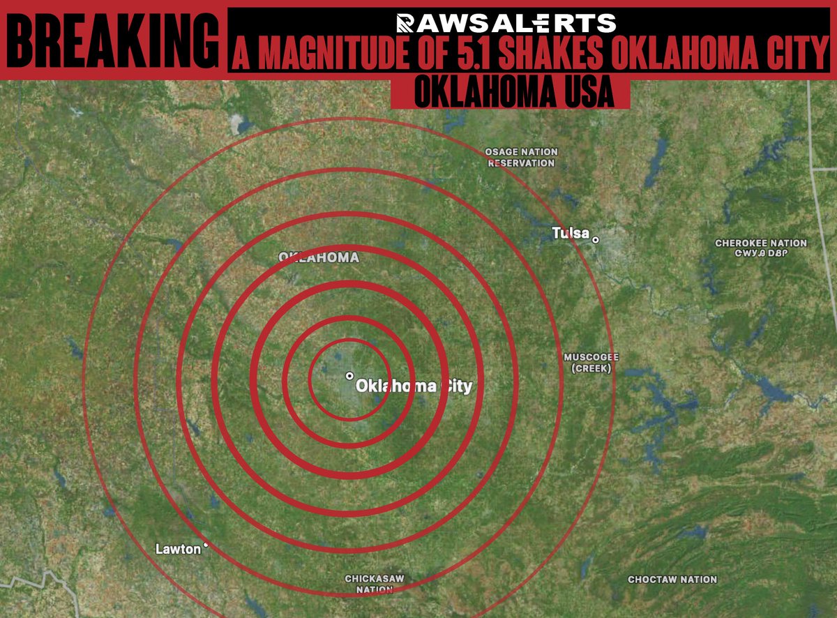 🚨#BREAKING: large magnitude 5.1 earthquakes has hit Oklahoma City

📌#OklahomaCity | #Oklahoma

Just moments ago, a large magnitude 5.1 earthquake struck Oklahoma City. The initial earthquake was registered at a magnitude of 5.5 but has been downgraded to 5.1. Numerous people in