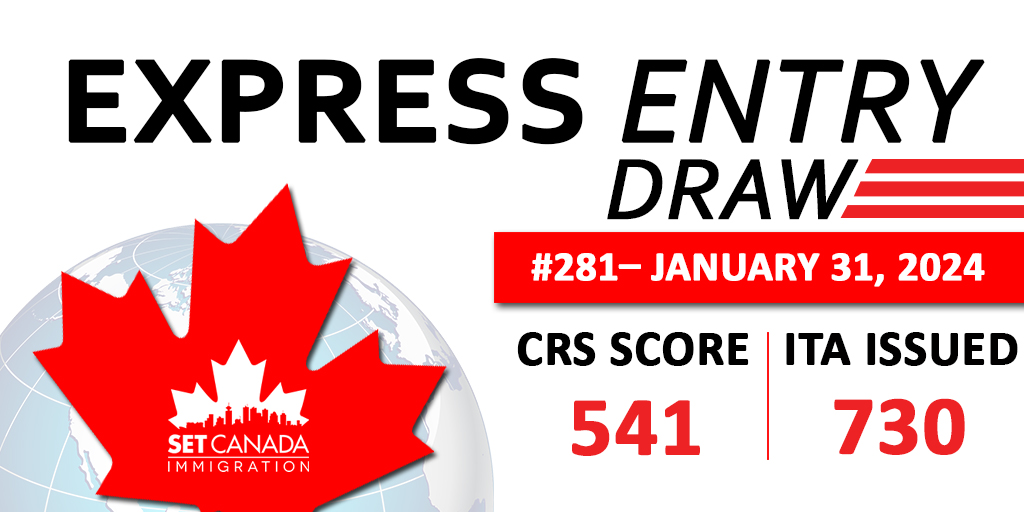 setcanada's tweet photo. On Jan 31, 2024, #ImmigrationCanada #IRCC issued 730 invitations to all the candidates under the #ExpressEntry round #281, with Comprehensive Ranking System #CRS scores of 541 or higher. 

Book an appointment to apply with us.

https://t.co/VbzeJk4D5t

#CanadaImmigration #Canada https://t.co/Nxr09HG8uc