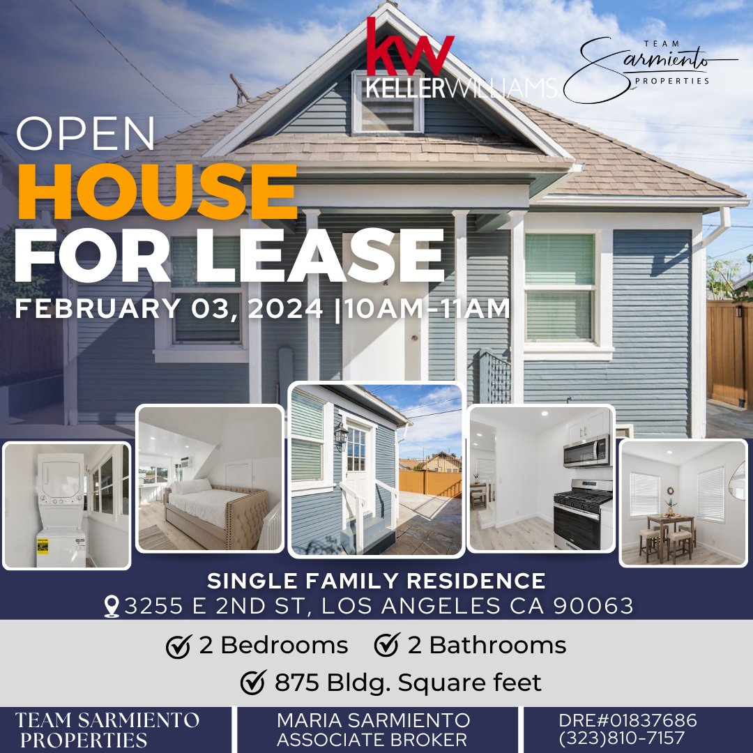 Another exciting weekend of home exploration at a Fully furnished 2bed, 2bath property in vibrant Boyle Heights. NEW furniture, and total charm for Lease

House: 3255 E 2nd St, Los Angeles CA 90063
Date: February 3, 2024
Time: 10:00 am - 11:00 am

Maria F Sarmiento
DRE#01837686