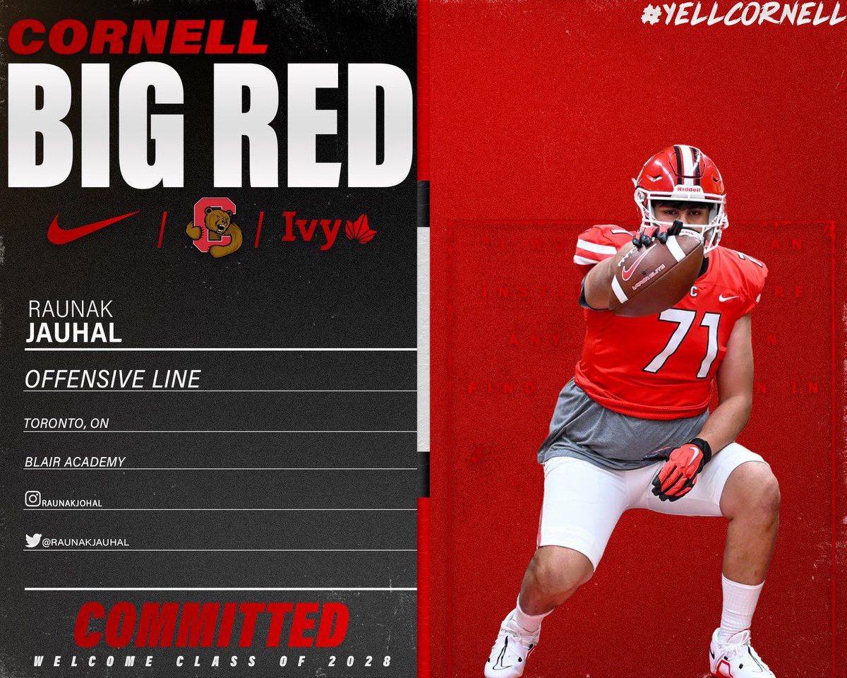 Super excited and blessed to announce my commitment to @BigRed_Football!! Thank you to my friends, family and coaches that have helped me along this journey!! 🐻🌿#YellCornell @gbowman26 @DanSwanstrom @Sean_Reeder @CoachBhakta @MikeCoyle12 @CoachNickFlora @Schnatzz @730scouting