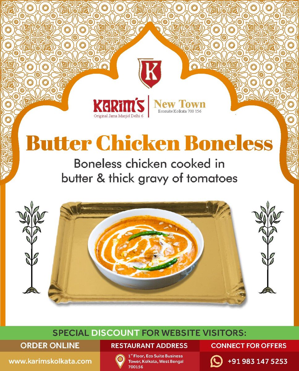 KarimsNewTown's tweet photo. Karim's New Town - Eco Suite's Butter Chicken is authentic and full of life!

Location Link: https://t.co/W2LX0OmELU
Online orders are accepted on https://t.co/mtXAROjo3c

#butterchicken #kolkata #kolkataculture #bengalicuisine #mughlai #tandoori #butternaan #kebab #butterchicken https://t.co/fsCuhgtduv