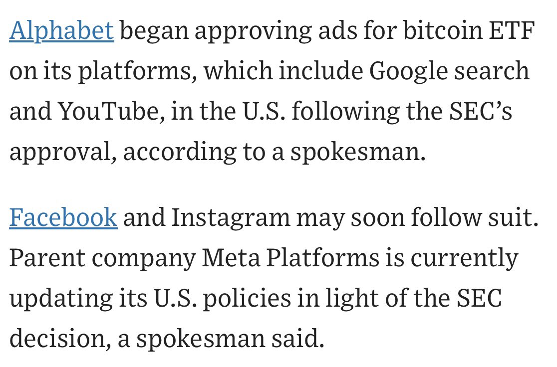Facebook & Instagram may soon allow spot bitcoin ETF ads… No bigger boomer  honeypot than Facebook. via @PatrickCoffee