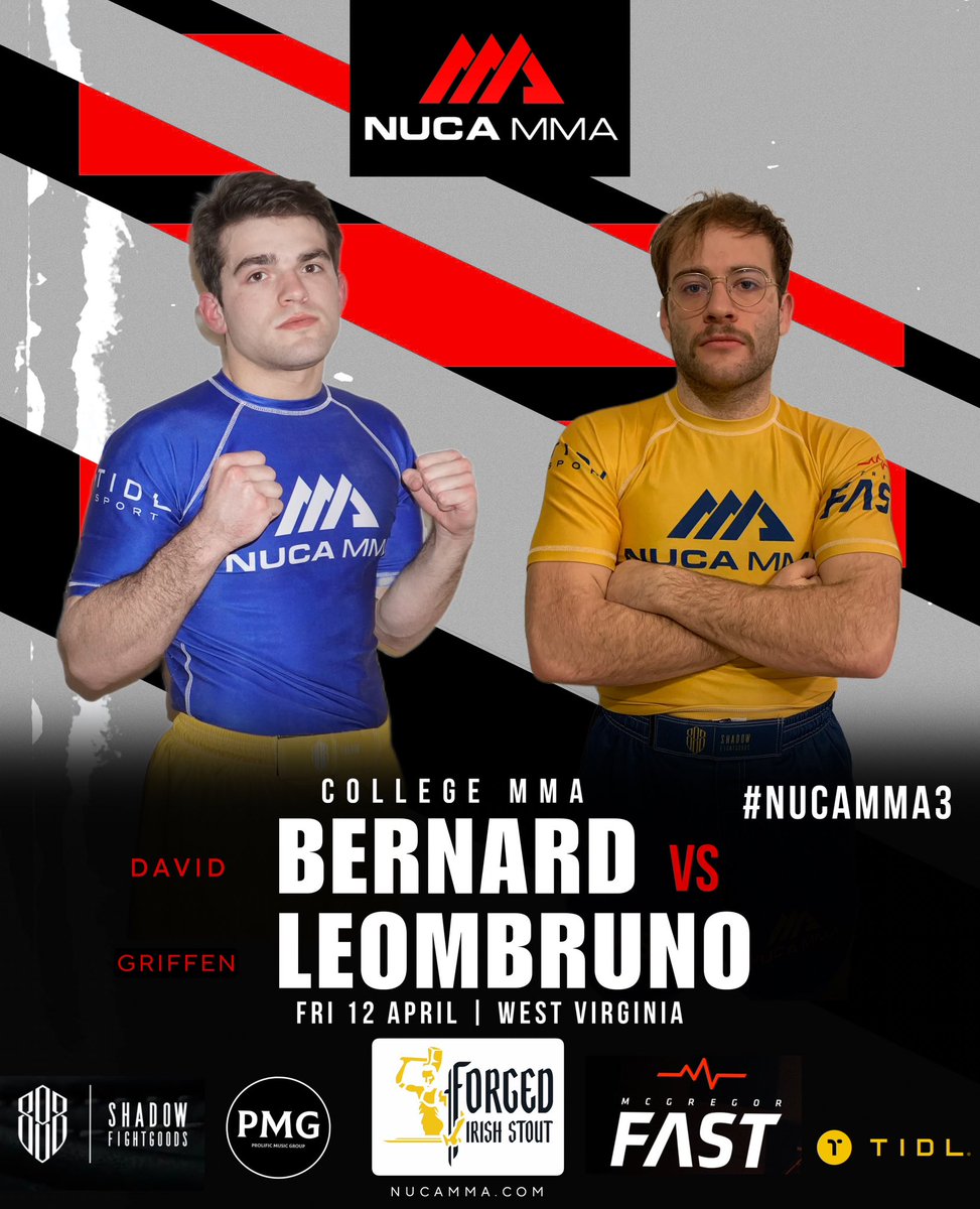 College MMA: David Bernard (1-0) UPitt vs. Griffen Leombruno (1-1) from University of West Virginia bout is official on April 12th in Morgantown West Virginia. 
Full Story: mmauncensored.com/main/f/nuca-mm…

#NucaMMA3 #UPITT #CollegeMMA #UWV #MMATwitter #UFC