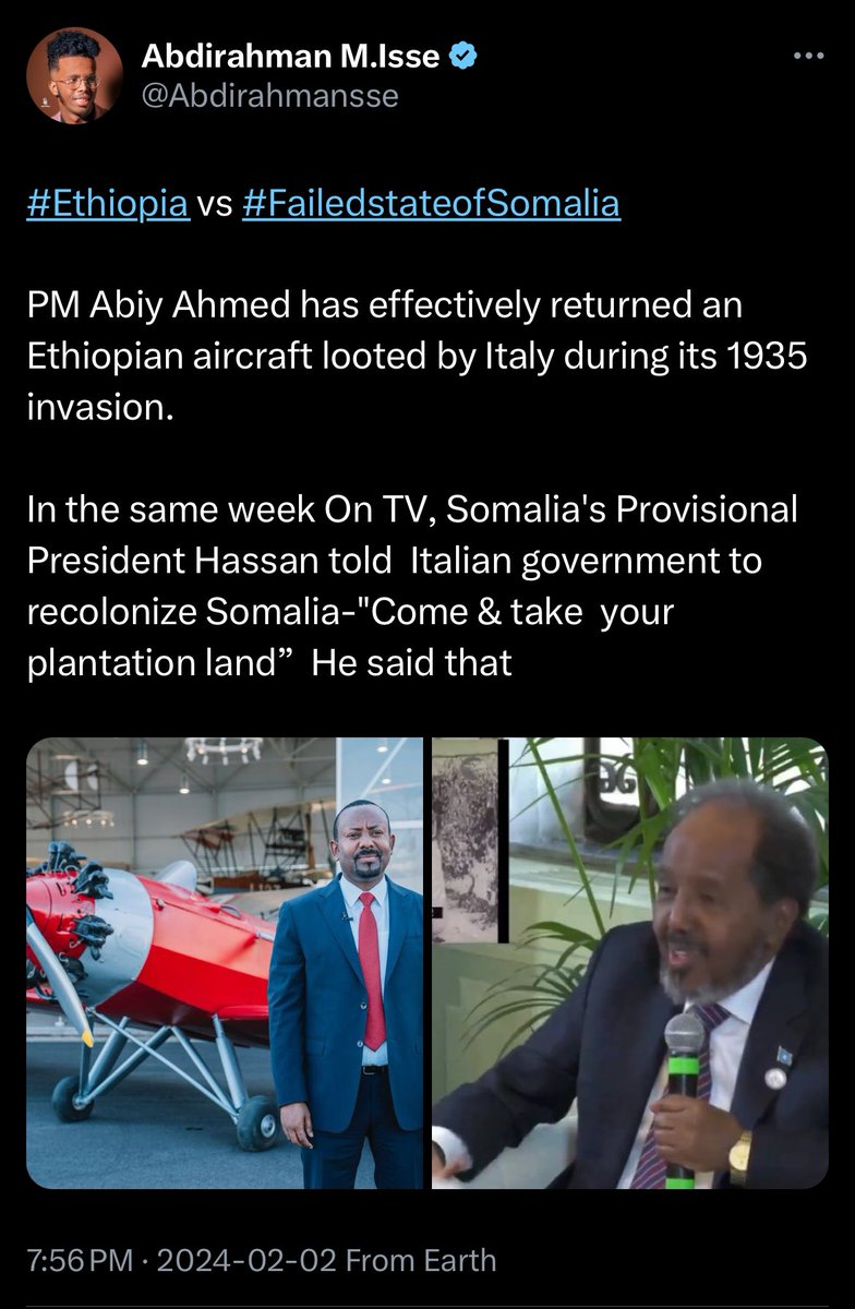 CodkaSland's tweet photo. @EIshmael_ This is your president of your #failedstateofsomalia begging Italy to come back to the colony. 

Where the Dr @AbiyAhmedAli was getting back to his staff that Italy taking in the 1935s  

Sorry for the   #failedstate https://t.co/4tcyGUuNsu