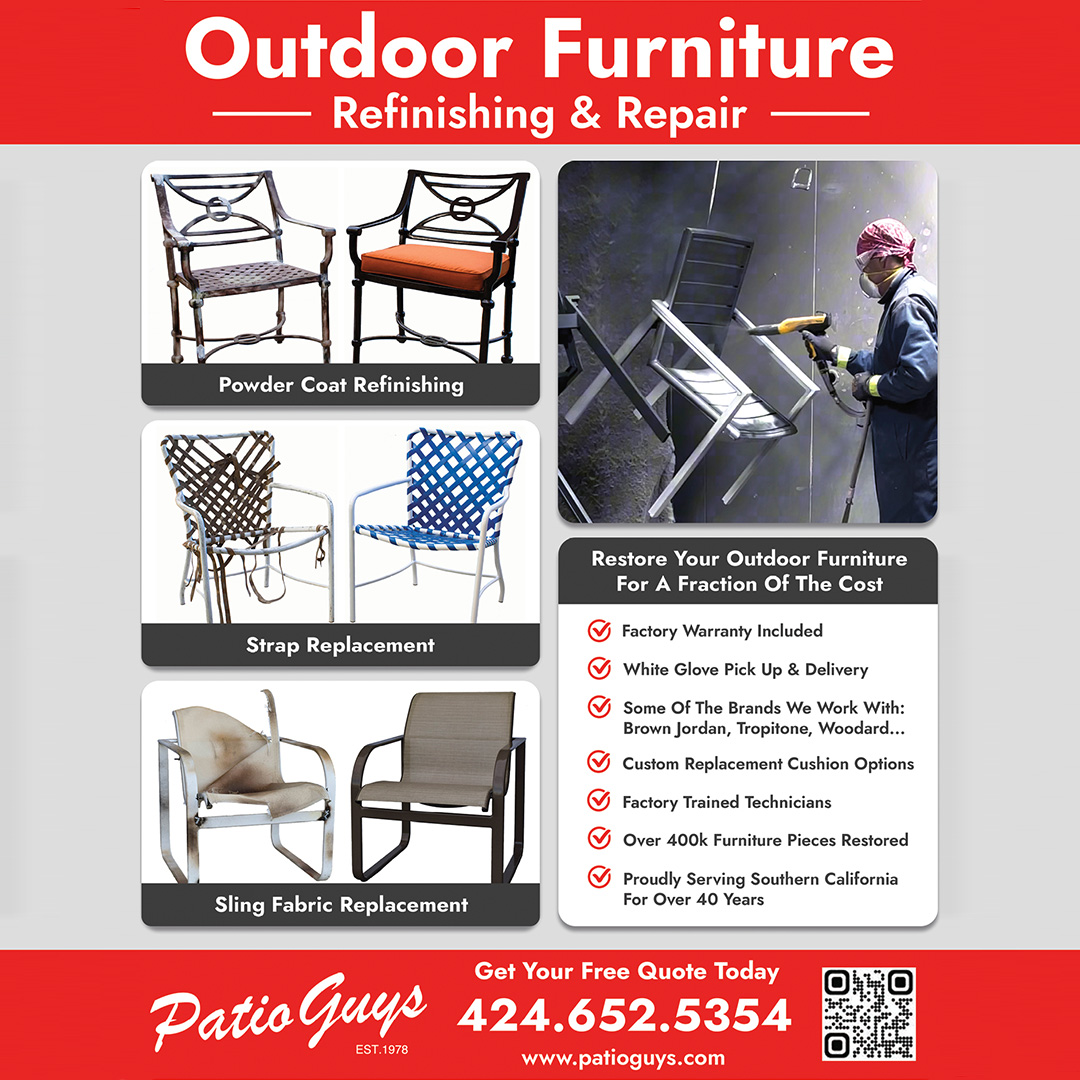 THM_SoCal's tweet photo. Thinking of replacing your outdoor furniture? Restore it for the fraction of the cost with Patio Guys! 
Get your 🆓🆓🆓 quote today

Visit https://t.co/MqDkpigCQY or call 424-652-5354 ☎️

#TheHomeMag #PatioGuys #furniturerestoration #patiofurniture https://t.co/D3d3tLkiD0