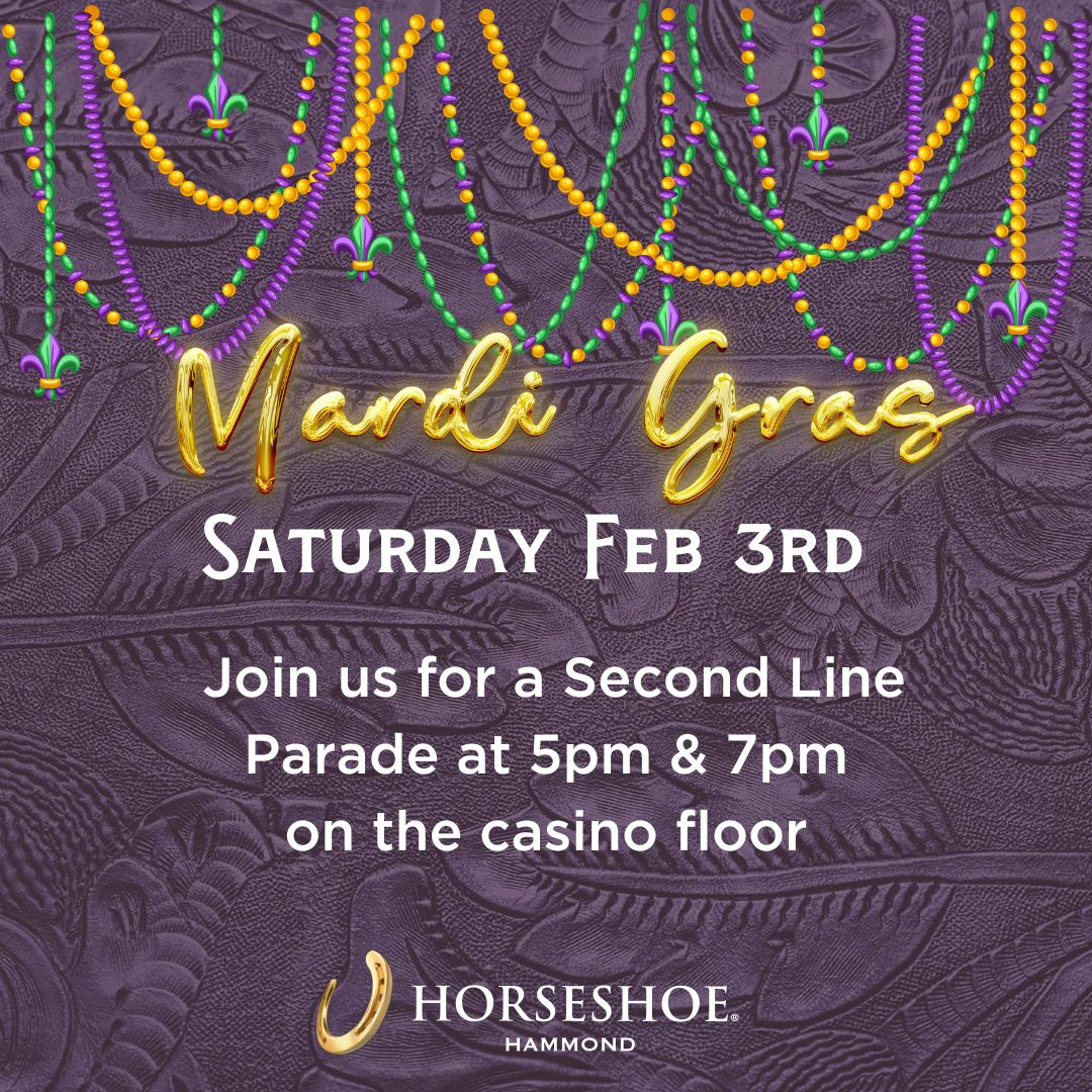 HorseshoeHammnd's tweet photo. Join us tomorrow on the casino floor for an early Mardi Gras Celebration with a Second Line Parade at 5pm & 7pm!
Know When To Stop Before You Start.® Gambling Problem? Call 1-800-9-WITH-IT. ©2024, Caesars License Company, LLC.
#mardigras #horseshoehammond #secondlineparade https://t.co/8QCa09QWE8