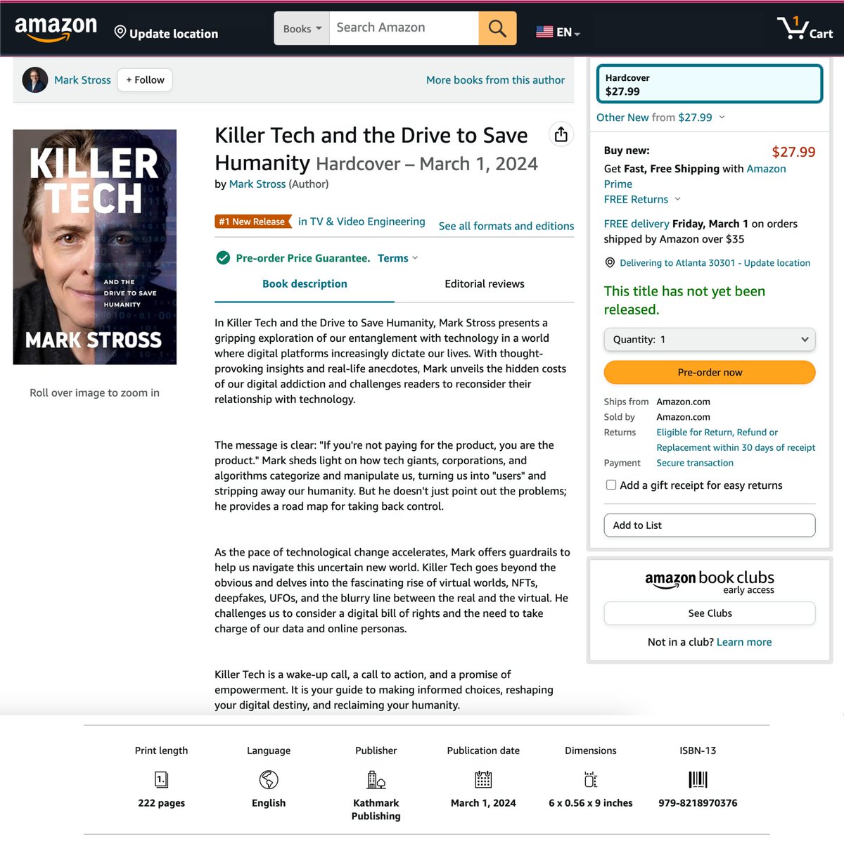 MarkStross's tweet image. 🎉 "KILLER TECH" hit #1 Best Seller in TV &amp;amp; Video Engineering on Day 1 of pre-sale! 🚀📚 Discover how to navigate the tech world safely. Pre-order now on Amazon &amp;amp; B&amp;amp;N and help us spread this crucial message! #KillerTech #TechSavvy #PreOrderNow #BestSeller #DigitalSafety #TechBook