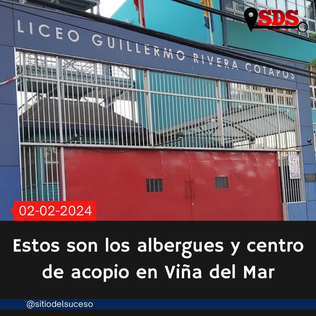 sitiodelsuceso's tweet photo. ALBERGUES EN VIÑA DEL MAR 

1- República de Colombia
10 norte 985
2- Escuela Humberto Vilches
11 norte 946

De momento solo abierto republica de Colombia

CENTRO DE ACOPIO:
1- Liceo Guillermo Rivera
Álvarez 708

Se necesita: Agua, colchones, frazadas, colchones y útiles de aseo https://t.co/poDXxLH5Bt