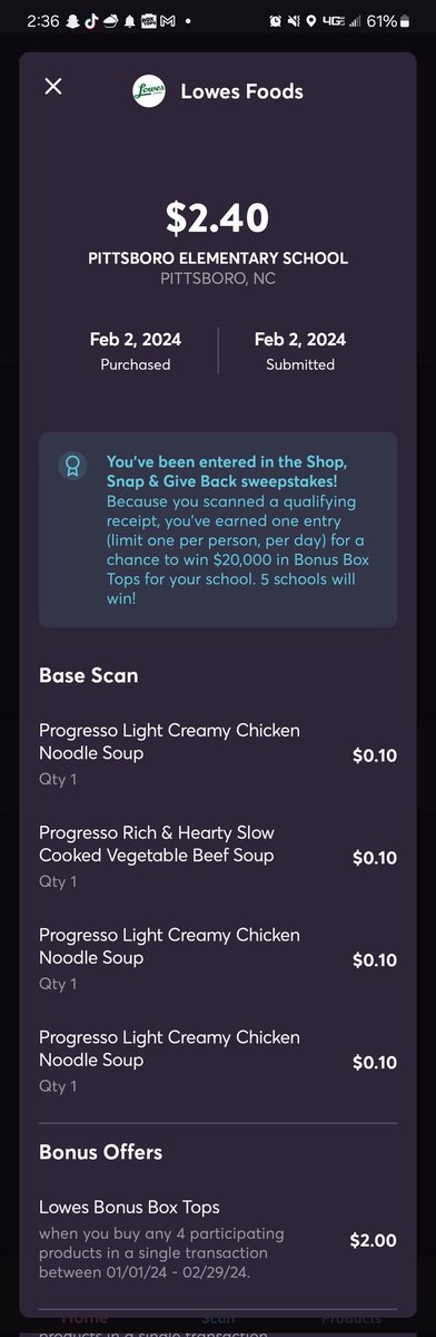 kramgurl's tweet photo. @PittsboroPTA I spent $4 on 4 Progresso soups and earned PES $2.40!! https://t.co/doD1zzY1Cu