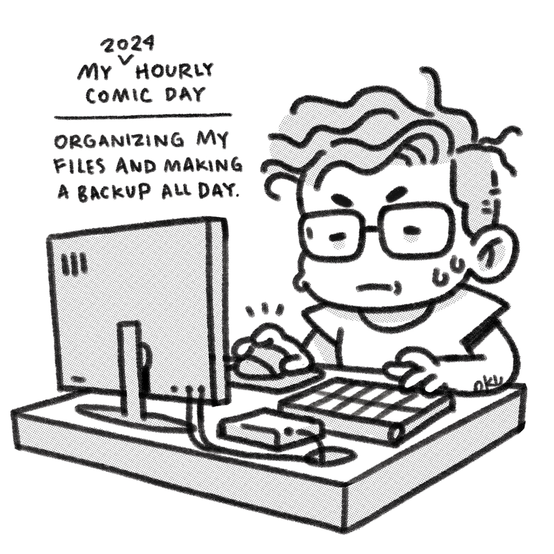 okuworks's tweet photo. My first #hourlycomicday (>3<) ~ Mi primer #hourlycomicday2024, me la pasé organizando archivos y haciendo backup todo el día ✌😂 ¡Hagan sus backups! https://t.co/EMuhYHJvZJ