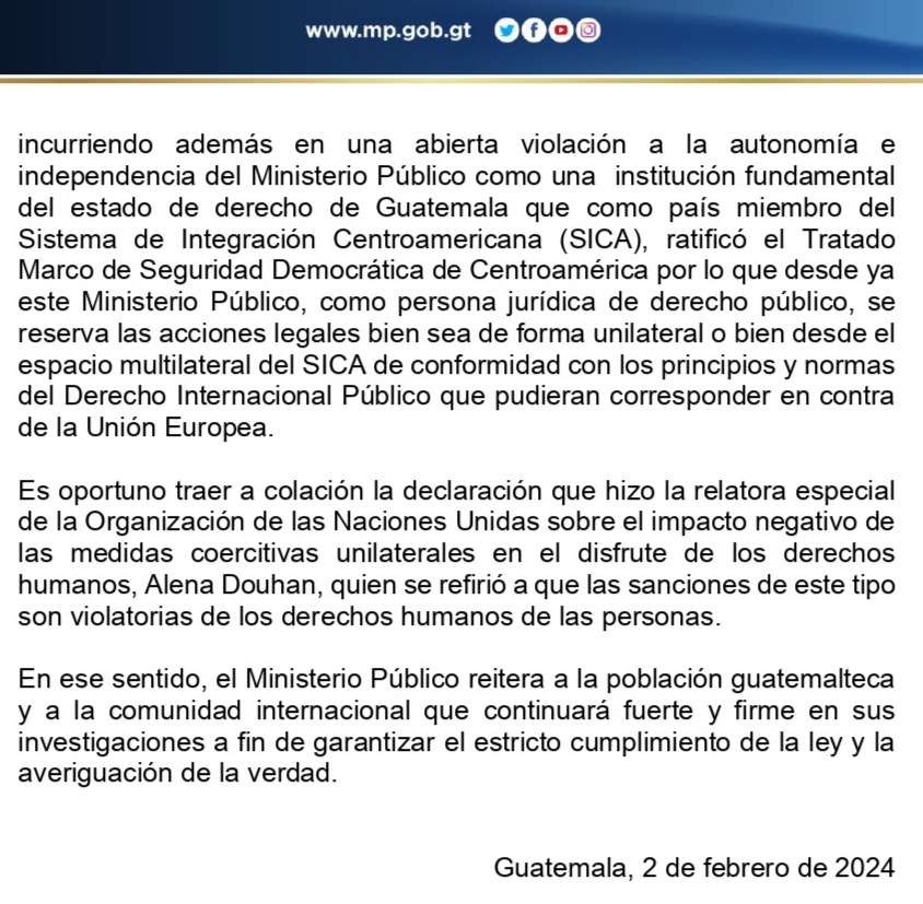 PrensaComunitar's tweet photo. #ObservatorioDeLoAbsurdo 🔎MP amenaza con demandar a Unión Europea (UE), tras las sanciones en contra de Fiscal General Consuelo Porras, el secretario Ángel Pineda, fiscales Rafael Curruchiche y Leonor Morales y Fredy Orellana, actores que atentan en contra de la democracia.👇🏾 https://t.co/hWK00o2tFu