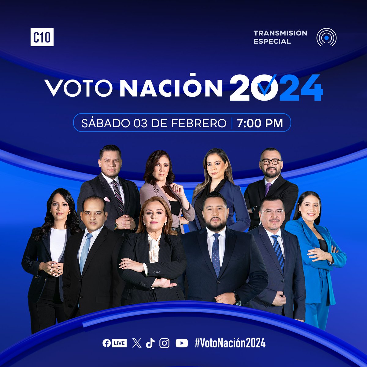 Sintoniza #VotoNación2024, desde el sábado 3 de febrero, a partir de las 7:00 p.m., por la señal de <a href="/Canal10Sv/">Canal 10</a>.

Acompaña a nuestro equipo de profesionales, en la cobertura más amplia de las elecciones 2024.