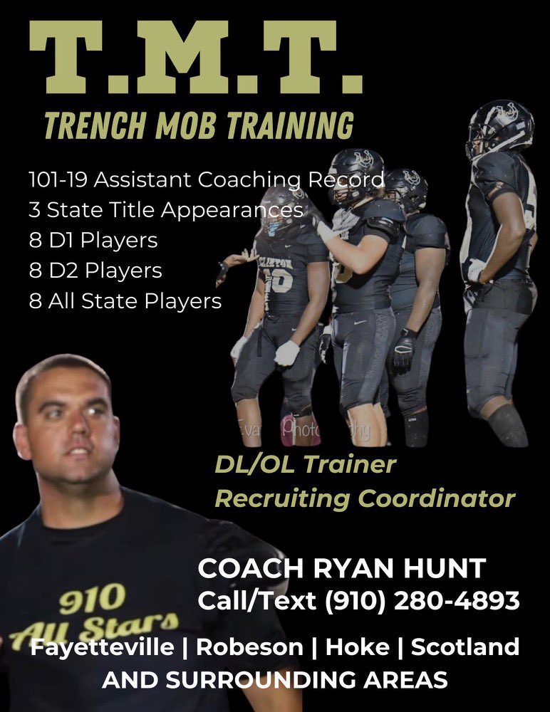 CoachHunt93's tweet photo. Going to start training linemen in the area direct message me or text/call 910-280-4893 to set up a time.  Will do group or 1 on 1 sessions.  Will also help with recruiting process for athletes regularly training with me. https://t.co/vuy3whXTvw