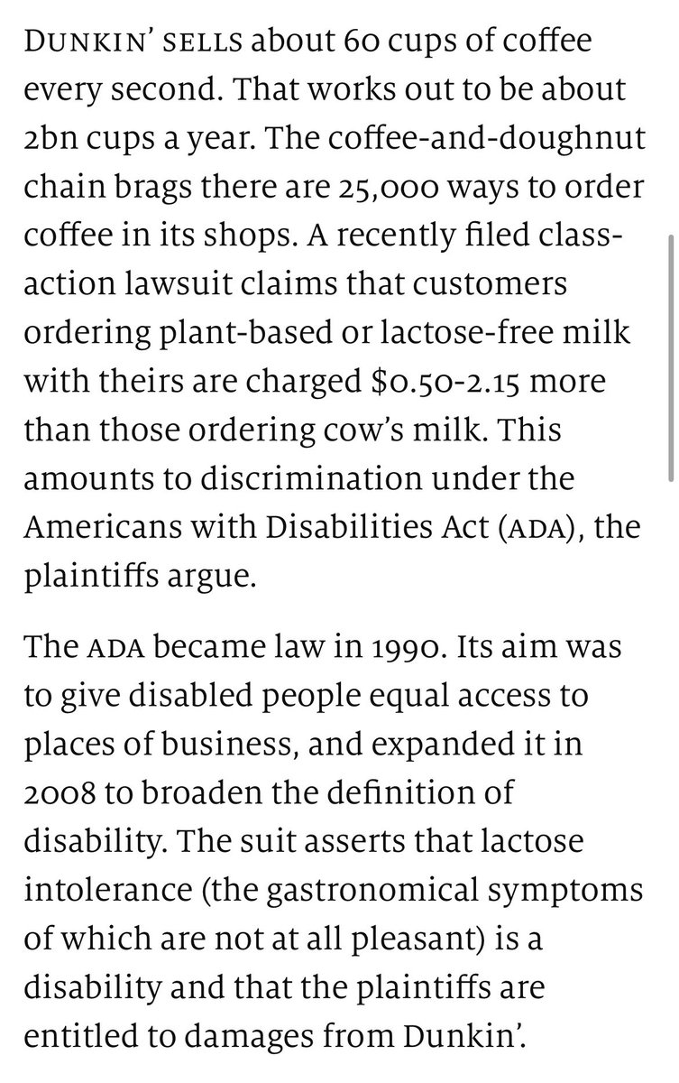 “A…class-action lawsuit claims customers ordering plant-based or lactose-free milk with [coffee] are charged $0.50-2.15 more than those ordering cow’s milk. This amounts to discrimination under the Americans with Disabilities Act.”

Not a big mystery why we never colonized space