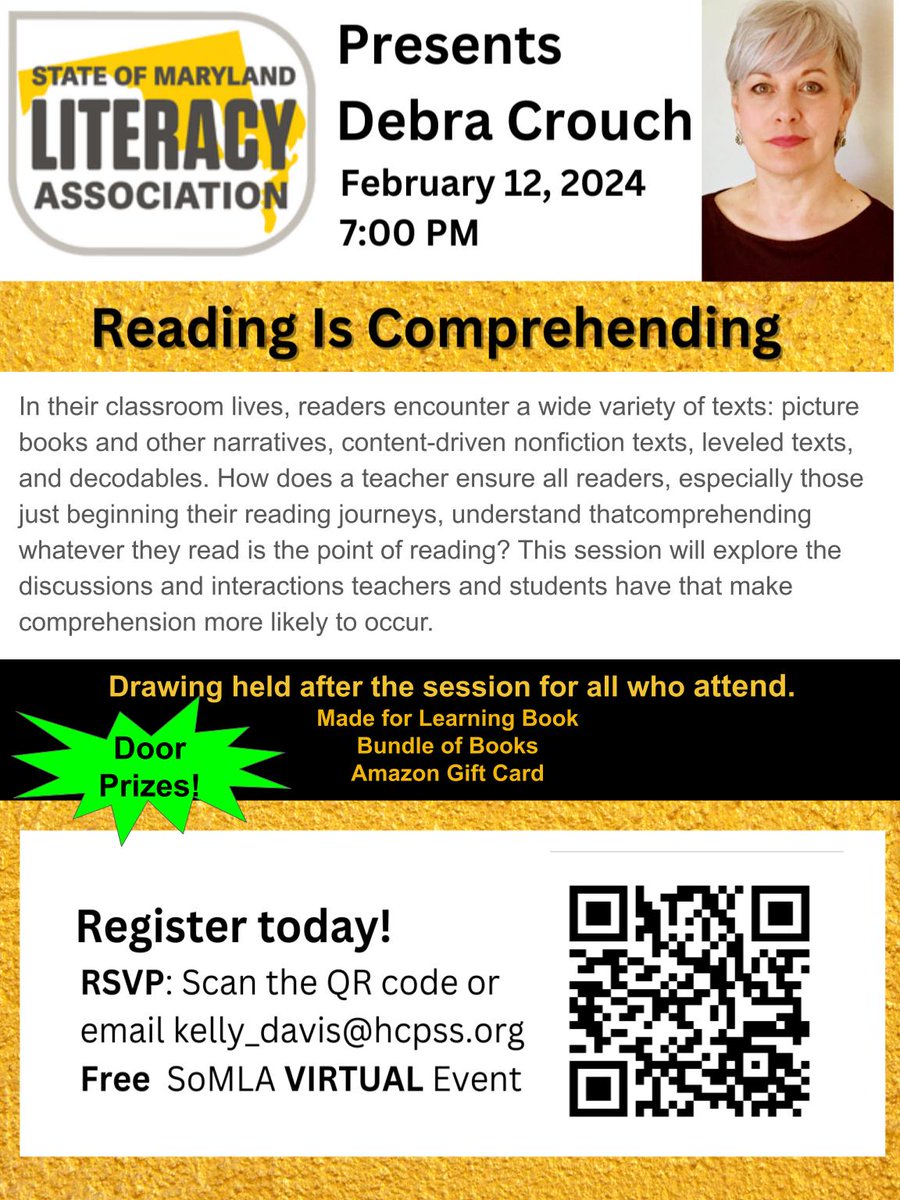 Register Today!  Free State of Maryland Literacy Association (SoMLA) VIRTUAL Event, Featuring Debra Crouch.  Reading IS Comprehensing.  <a href="/somlareads/">SOMLAReads</a> <a href="/ESLAMaryland/">Eastern Shore Literacy Association</a> <a href="/FCPSBarrick/">Lori Barrick</a> <a href="/MDASCD/">Maryland ASCD</a> <a href="/hcpsselemla/">HCPSS Elem Lang Arts</a> <a href="/HoCoReads/">HoCo Literacy Association</a>