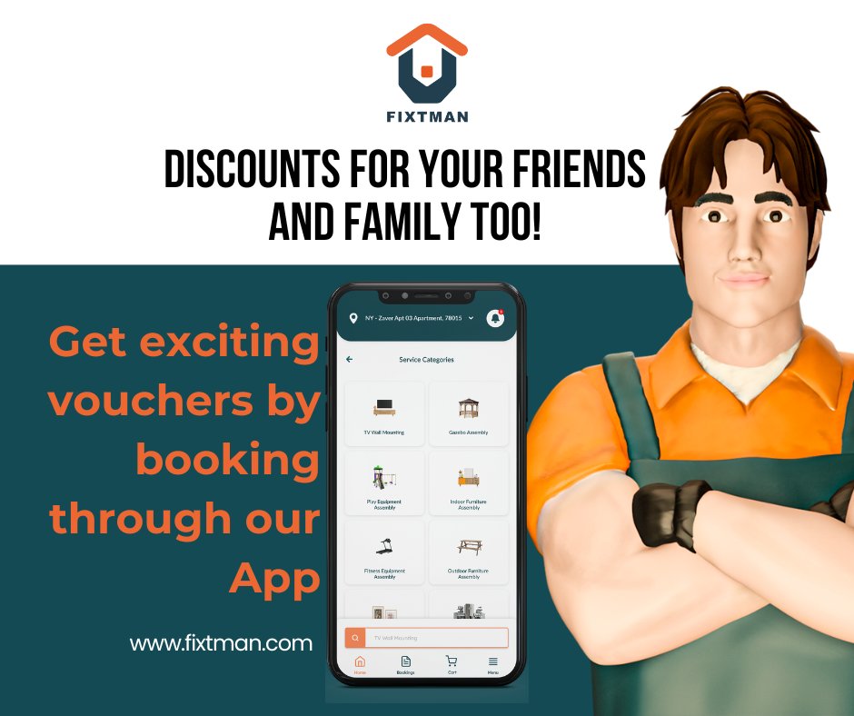 Book your local handyman service with the FixTman app and earn vouchers for your friends, family, and your next order! Find reliable help easily with #LocalHandyman, only on #FixTman. #HandymanApp #FixTmanVoucher