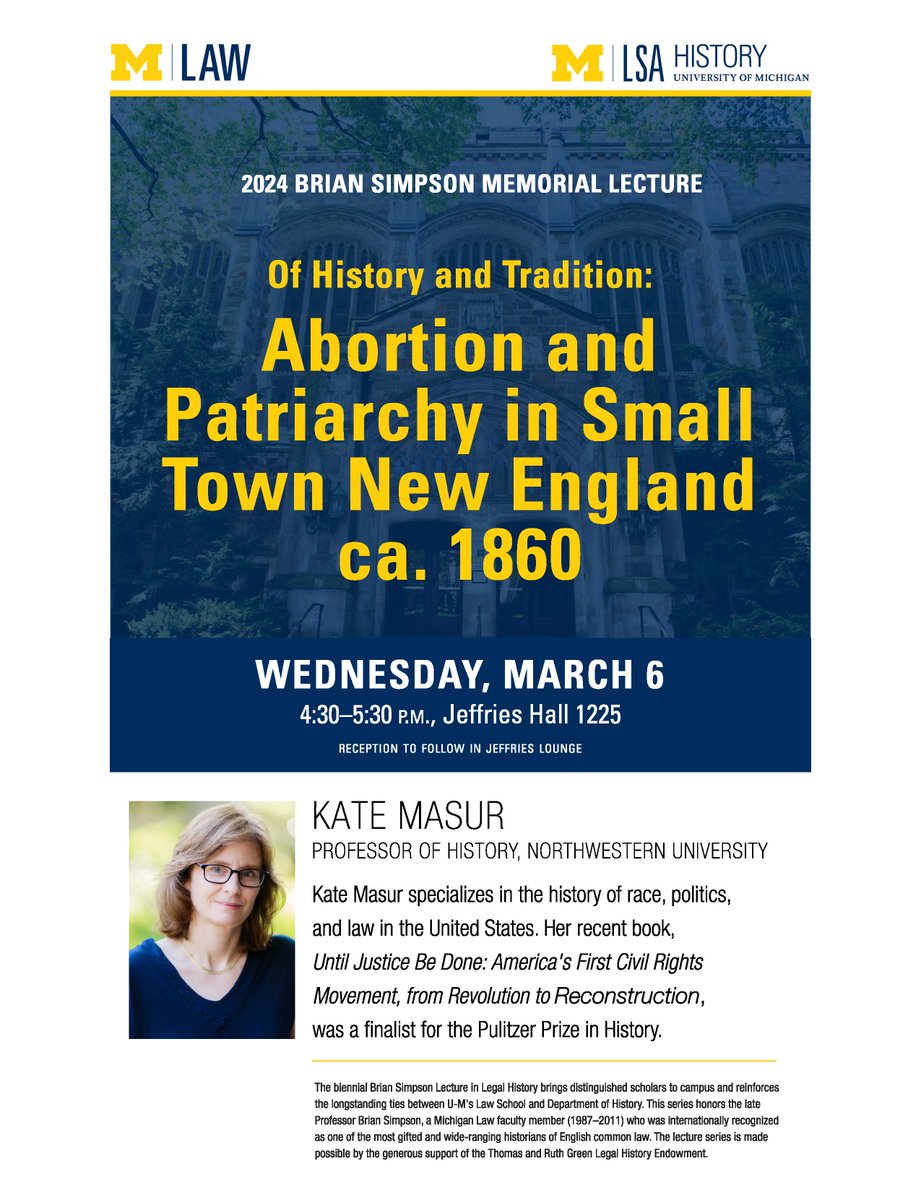 In just a few weeks we'll have Pulitzer finalist, <a href="/KateMasur/">Kate Masur</a> here <a href="/UmichLaw/">Michigan Law School</a> for the 2024 Simpson Memorial Lecture in legal history. Please join us!