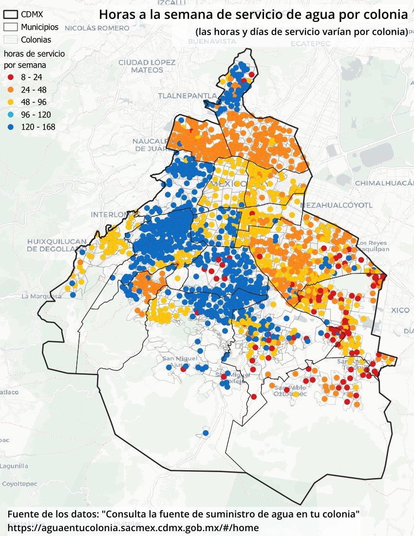 moaimx's tweet photo. ¿Cuántas horas a la semana tiene tu colonia servicio de agua? 

El abasto de agua en CDMX es controlado. Más de 100 colonias tienen a la semana lo equivalente a 1 día de servicio de agua. 500 entre 1 y 2 días, otras 500 entre 2 y 4 días netos de servicio de agua. #NoHayAgua 1/4 https://t.co/gwa6asd95z