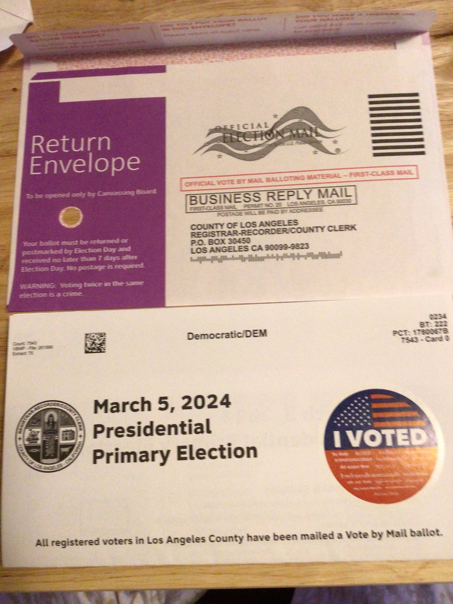 #California mail in ballot arrived. Got an email and text that it was sent. Track your ballot at wheresmyballot.sos.ca.gov. Check your voting registration at voterstatus.sos.ca.gov.  Everyone needs to vote in the March primary #VoteBlue2024 #VoteBidenHarris2024