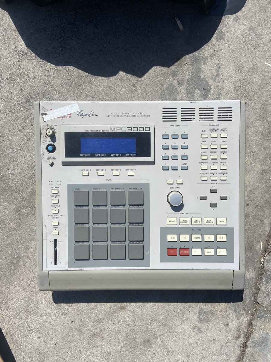 Ps1Guy's tweet photo. @darealdibiase @RealRobinsonIV I found a mpc 3000 in a trash pile outside of an abandoned house that was being cleared out not long ago.   

There was an akai s950 in there too. Both worked, just needed a little TLC.  A few bad buttons and the MPC wasn’t outputting audio https://t.co/PSi5C67aDA