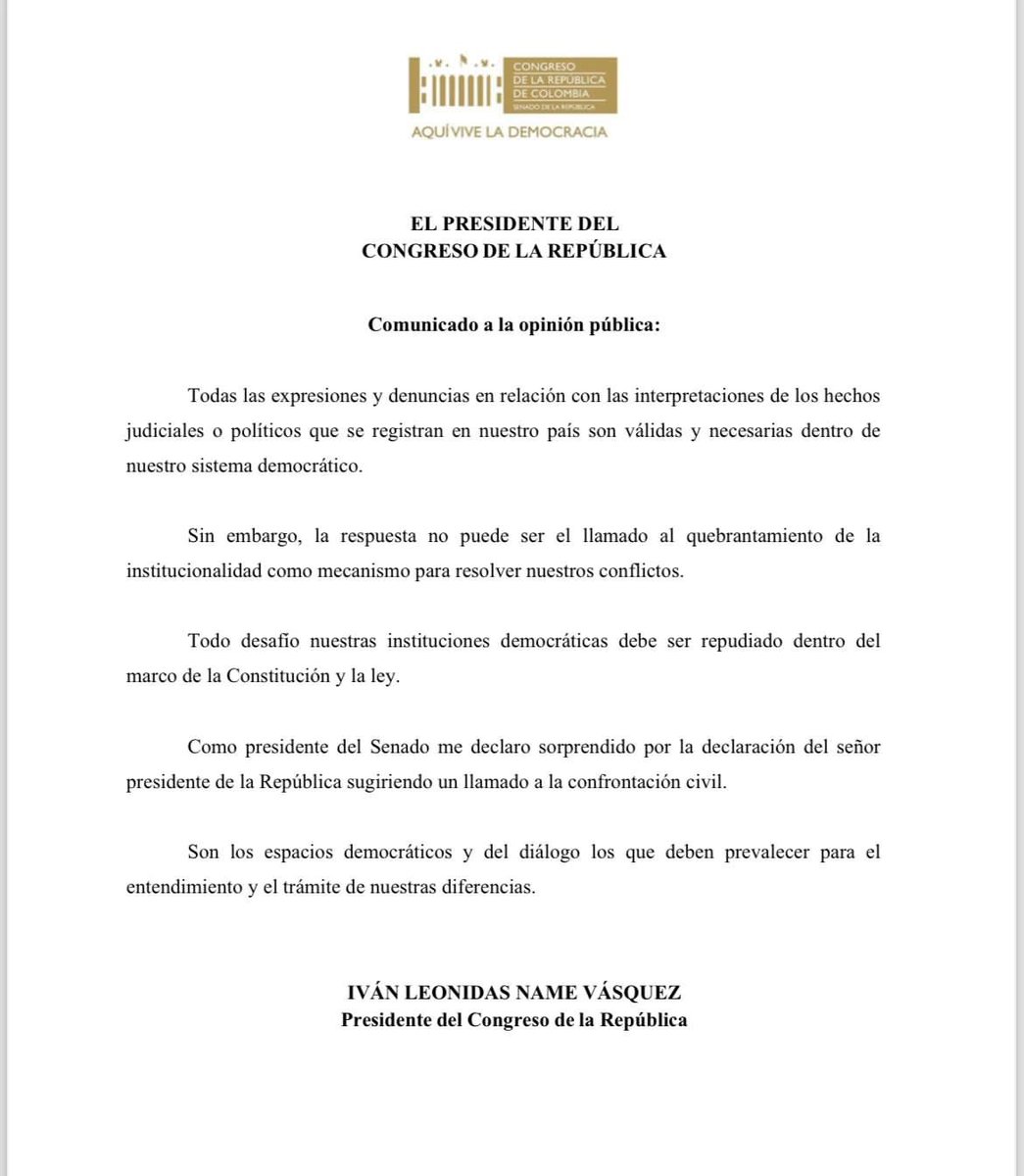ElRepublicano09's tweet photo. #ATENCIÓN Presidente del Congreso emite comunicado ante los graves llamamientos de Gustavo Petro a una confrontación civil. Lo que dijo Petro es ya demencial, es claro que se siente acorralado, el peso de la Justicia respirándole en la nuca. ¿Preparando el terreno para un mega escándalo?