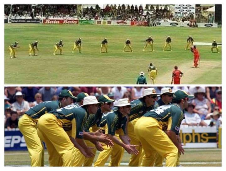 Australia 🆚 Zimbabwe, Harare, October 23, 1️⃣9️⃣9️⃣9️⃣. Australia won the game by nine wickets and Zimbabwe's batting was embarrassed to such an extent that Steve Waugh briefly lined up all nine fieldsmen in an arc from slips to point, probably a first in one-day cricket. 🇦🇺🇿🇼🏏