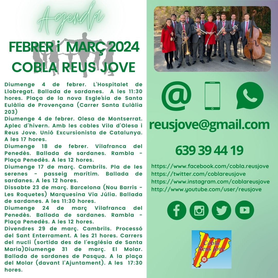 📷 AGENDA FEBRER I MARÇ 2024
Ja podeu consultar les nostres actuacions del mes de febrer i març de 2024.
Us hi esperem!!!
Més informació a la nostra web (apartat calendari) i en constant actualitat a les xarxes socials 

#tour2024reusjove #ferdemúsic
#Agenda #febrer2024 #març2024