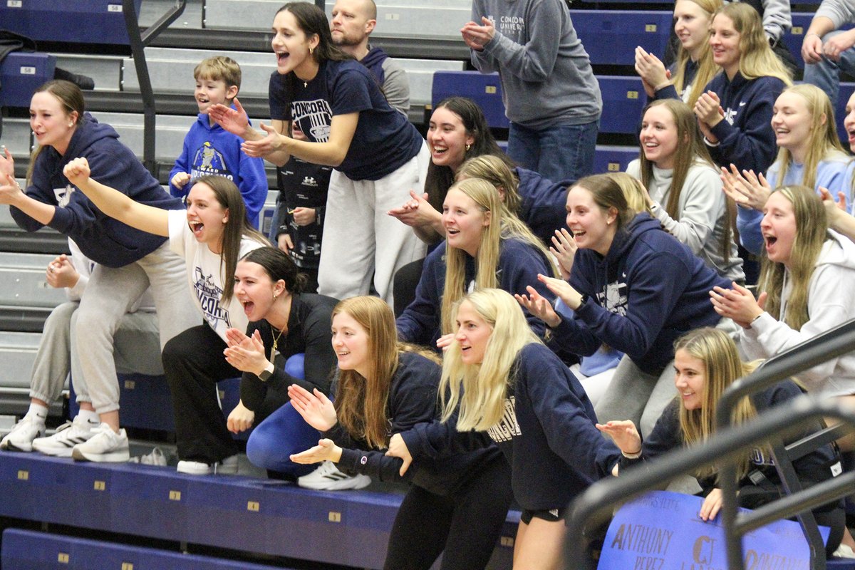 WR: <a href="/cunevolleyball/">Concordia Bulldogs Volleyball</a> cheers on the <a href="/CUNEwrestling/">Concordia Wrestling</a> team Feb. 2 during the Bulldogs' final home dual. #cune #gottalovethesupport