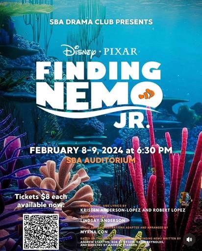 Mrs. Willett - SBA (@rps_sba) on Twitter photo SBA Drama Club presents Finding Nemo Jr.
February 8th and 9th
Tickets on Sale - Scan QR Code to purchase
#sbapride <a href="/arts_rps/">Director of Fine Arts, Kelly Williams</a> <a href="/RPS_SBA/">Mrs. Willett - SBA</a> <a href="/RPSCommunicates/">RPS Communications</a> SBA Drama Club presents Finding Nemo Jr.
February 8th and 9th
Tickets on Sale - Scan QR Code to purchase
#sbapride <a href="/arts_rps/">Director of Fine Arts, Kelly Williams</a> <a href="/RPS_SBA/">Mrs. Willett - SBA</a> <a href="/RPSCommunicates/">RPS Communications</a>