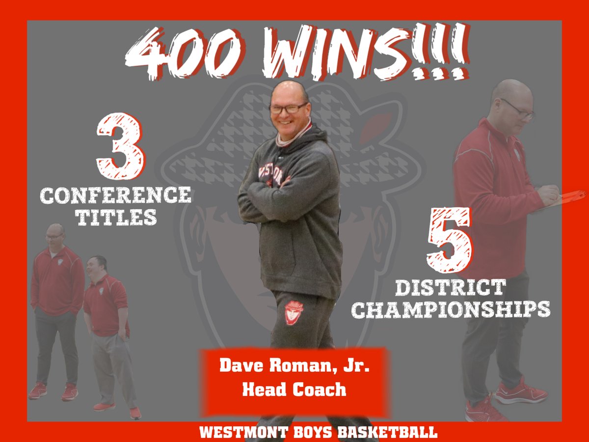WestyBasketball's tweet photo. With Westmont’s 57-53 win over Central, Head Coach Dave Roman, Jr. achieves his 400th career heading coaching victory!!! Congratulations Coach Roman!!! https://t.co/sUSxHsn5y2