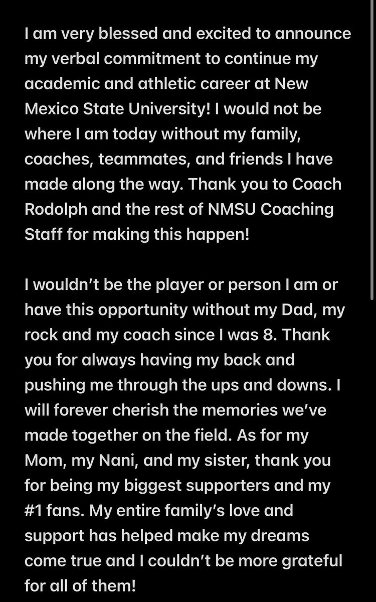 2025_lmontoya's tweet photo. I am very excited to announce my verbal commitment to continue my academic and athletic career at New Mexico State University! Go Aggies! 
@NMStateSoftball @CSA_Athletes @NM_Suncats_18U @LaCuevaSoftball #AggieUp #committed https://t.co/8hQochVu5e