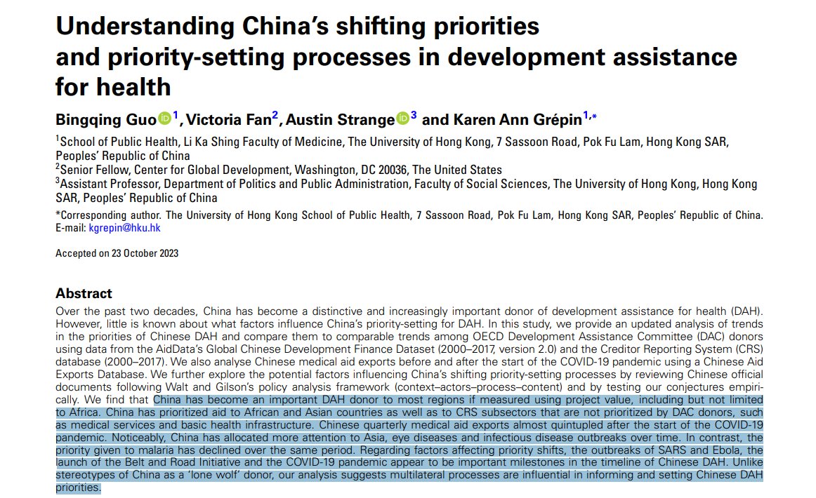 "China has become an important [development assistance for health] donor... Chinese quarterly medical aid exports almost quintupled after the start of the COVID-19 pandemic...." ncbi.nlm.nih.gov/pmc/articles/P… New in <a href="/HPP_LSHTM/">HealthPolicyPlanning</a>