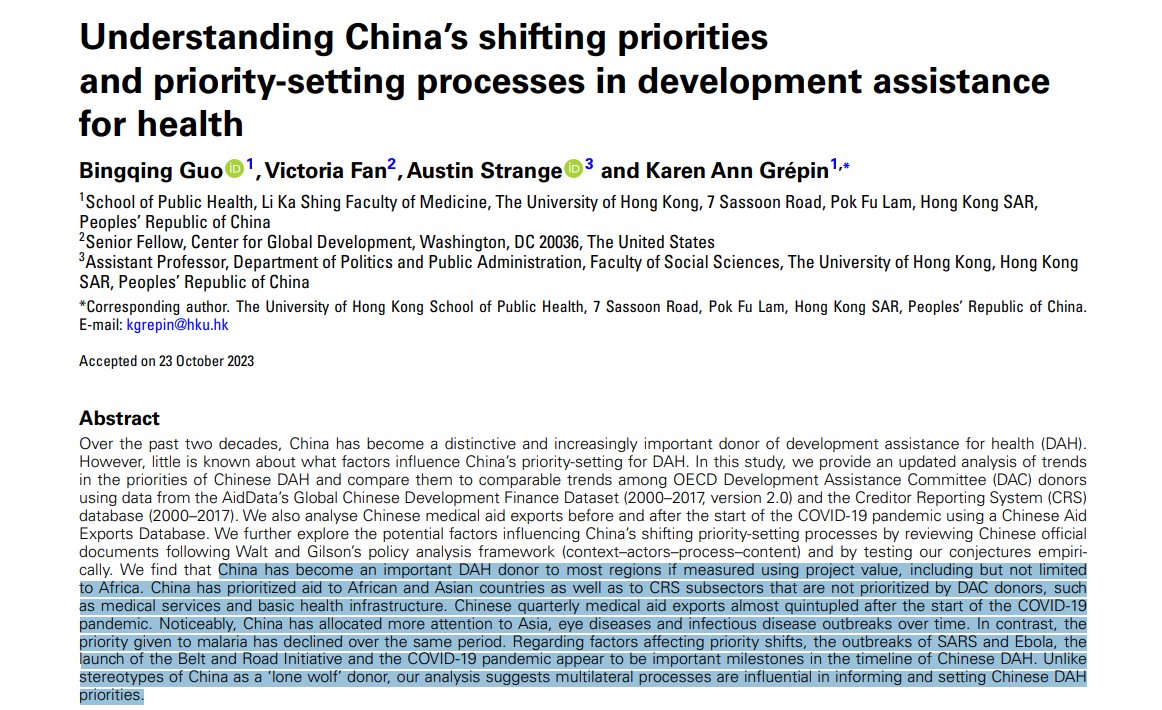 'China has become an important [development assistance for health] donor... Chinese quarterly medical aid exports almost quintupled after the start of the COVID-19 pandemic....' ncbi.nlm.nih.gov/pmc/articles/P… New in @HPP_LSHTM