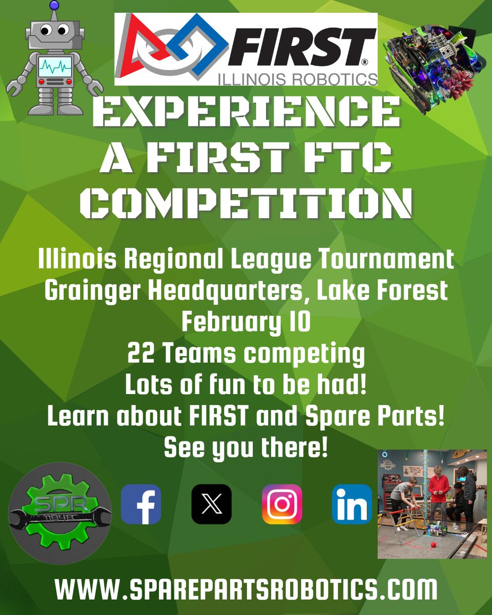 FTC11848's tweet photo. See us at our Regional League Tournament at the Grainger Headquarters in Lake Forest. Save the date: February 10, 2024. Thank you to @FIRSTTweets, @IllinoisFirst, and @Grainger for making this possible. Get ready to see youth innovation. We'll see you there! https://t.co/ol7Y8D6uvl