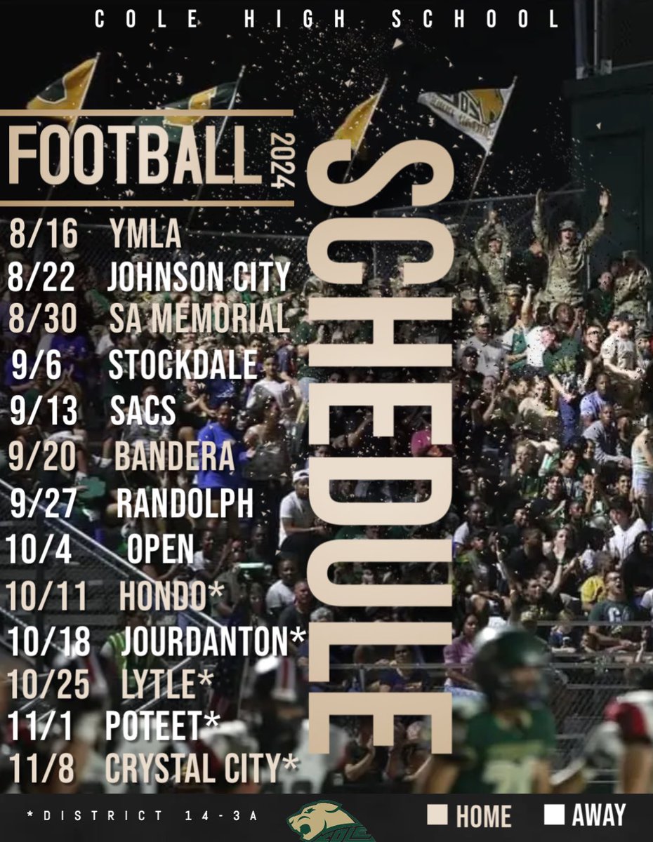 Cougar Nation check out the 2024 @RGC_Football Schedule! Don’t waste any opportunity between now and then! #RingTheBell! Thank You @tara_kissee for the graphic!!!
<a href="/FSHISD/">Fort Sam Houston ISD</a> <a href="/RGC_MS_HS/">Robert G. Cole Middle/High School</a> <a href="/CoachNorman1/">Coach Norman</a> <a href="/DrGbates/">Gary Bates, Ph.D.</a> <a href="/DrJCerna/">Joseph Cerna, Ed. D.</a>
