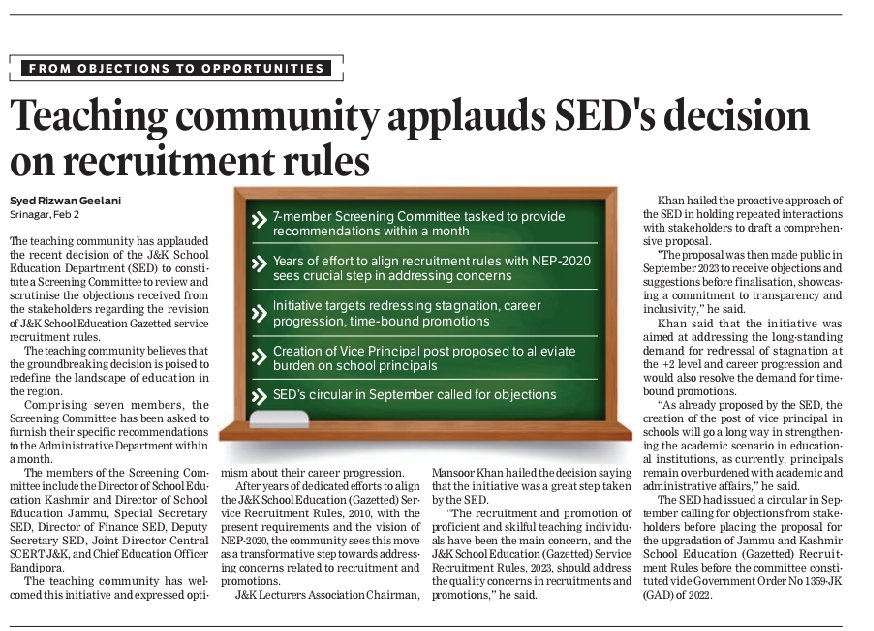 JKPSCLecturers's tweet photo. A positive step by J&amp;K SED for setting up a Screening Committee to address stakeholder objections on the revision of Gazetted service recruitment rules,a stride towards  quality education transparency and inclusivity  in the education sector. @dr_piyushsingla 
@Mansoor47064329 https://t.co/ZPxxjjqINg