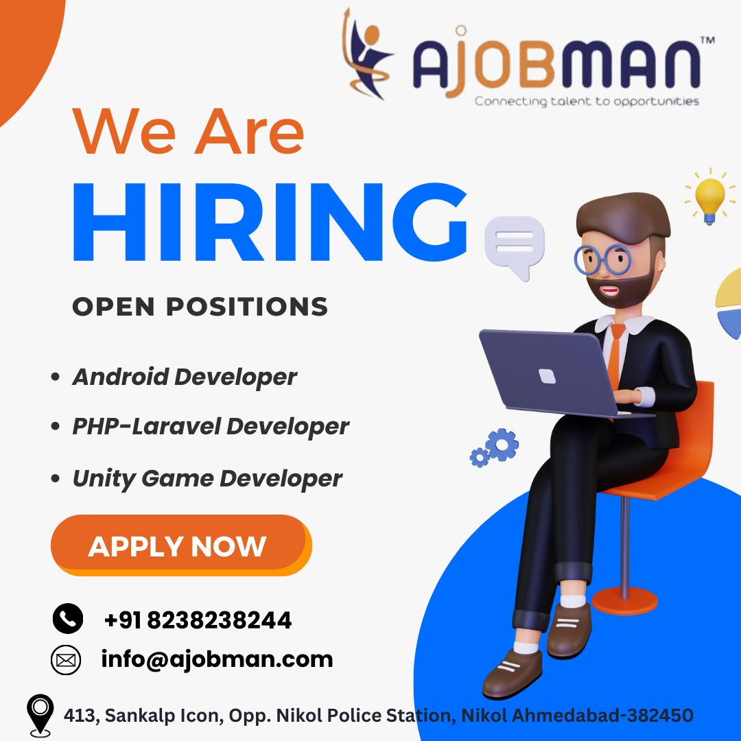 a_jobman's tweet image. We're Hiring!
➡️#AndroidDevelopers (Exp. Min 1 Year)
➡️#UnityGameDevelopers (Exp. Min 1 Year)
➡️#PHPLaravelDevelopers (Exp. Min 1 Year)
Work From Office
Location:- #Ahmedabad
💯% #JobPlacement
👉Terms & condition apply
Send your CV & Contact us:-
+91 8238238244, info@ajobman.com