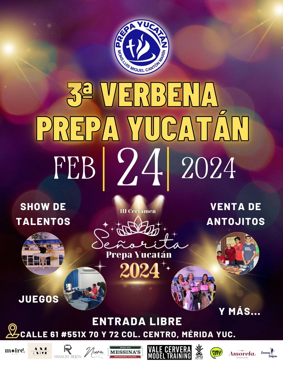 webprepayucatan's tweet photo. Estamos emocionados de invitarles a nuestra 3ª verbena 🎉,  el sábado 24 de febrero.
Tendremos nuestro show de talentos🩰🎼🎤, juegos venta de antojitos 🌭🍕🌮 y el certamen Señorita Prepa Yucatán 👑.
Asiste con tus amigos, ven a conocer a la familia Prepa Yucatán ¡No Faltes! 🤗 https://t.co/3DT2njwsG3