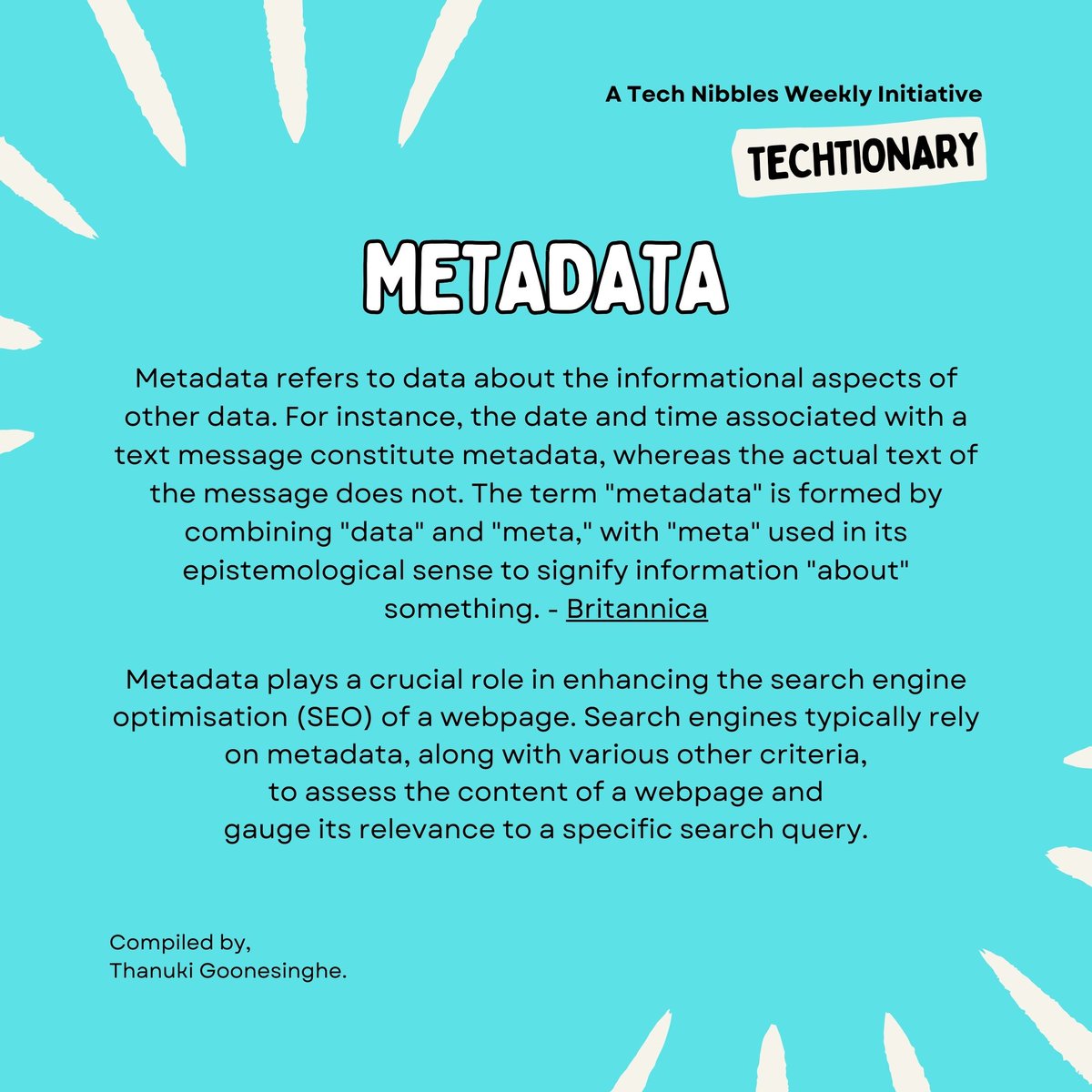 thanuki_g's tweet image. Have you heard of the secret sauce of data?🌶️

That’s #metadata! ✨

Learn more here.

Level up your vocab, and stay savvy with #Techtionary!