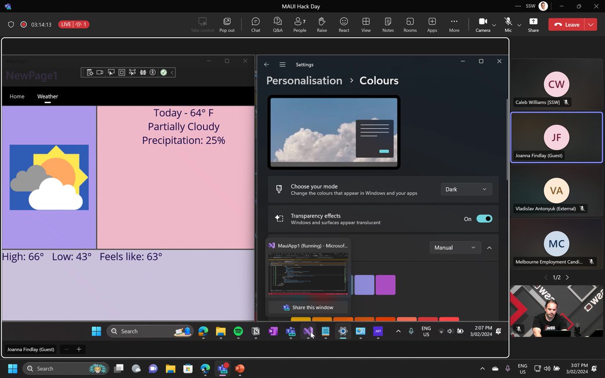 mattgoldman's tweet image. One of the attendees at the @SSW_TV #MAUIHackDay showing off her hack...this is her first time working with #dotnetmaui! She&apos;s got accessibility and colour palettes in her weather app.