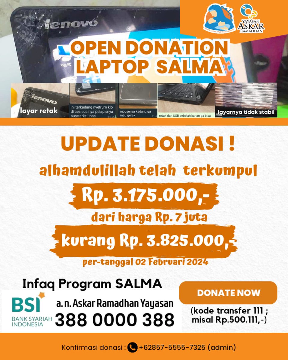 SALMA_askar's tweet photo. YUK BISA yuk..... Donasi LAPTOP untuk Jihad Media team SALMA,  InsyaAlloh jadi pahala jariyah karena digunakan dakwah 3 Kodrat wanita dari generasi ke generasi  💻🖱️
https://t.co/y6iywfLtps https://t.co/Q8Q99mifor