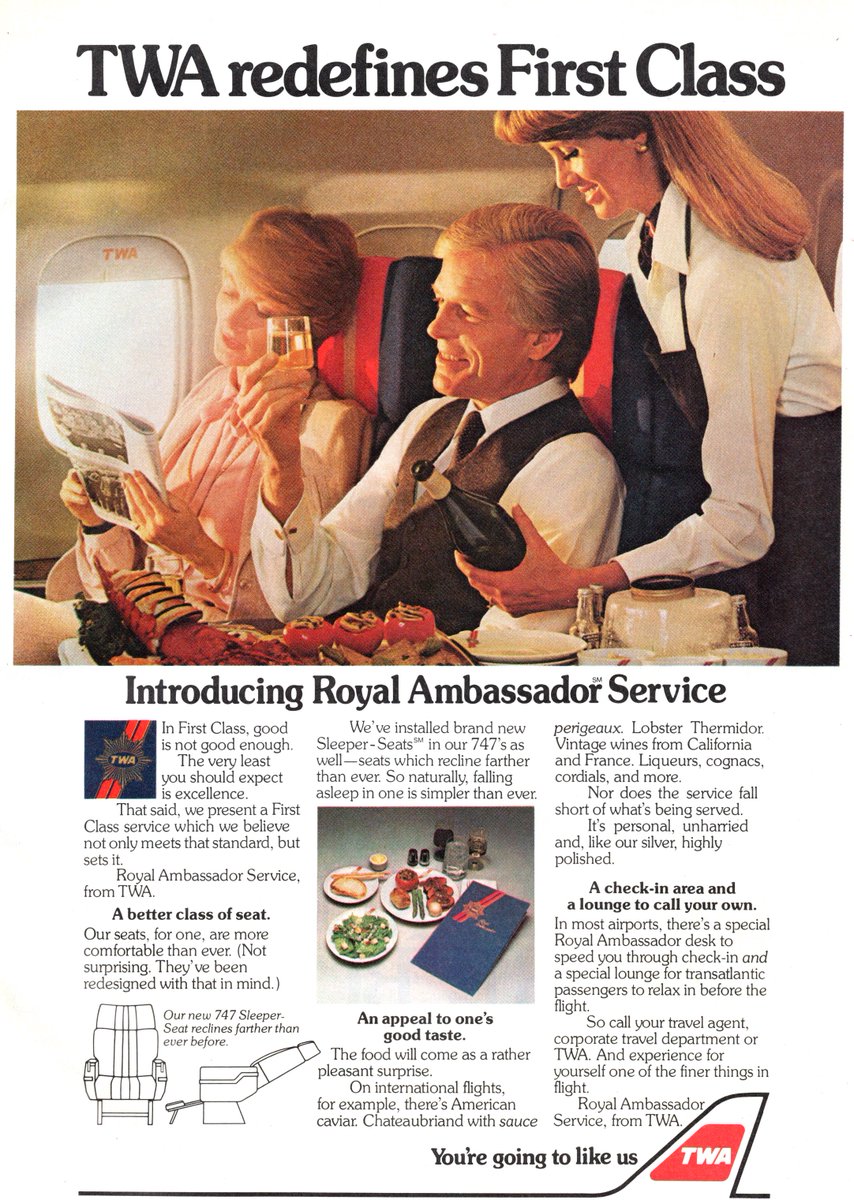 TWA introduced its new first class product, Royal Ambassador Service, in June, 1981. Part of the redesign was a #B747 'Sleeper-Seat. 'You're going to like us.' 
#avgeek #avgeeks #travel #frequentflyer #TWA #firstclass